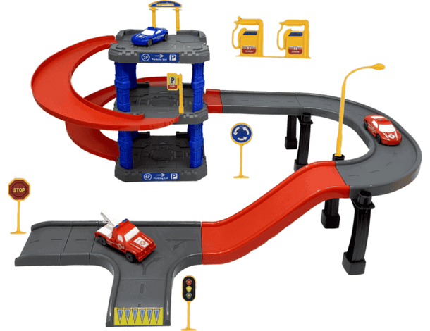 Box Garage 3 Piani Set Gioco Garage Pista Macchine per Bambini con 3 Veicoli