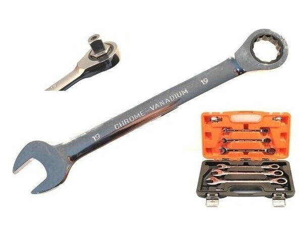 Set di chiavi combinate a cricchetto 6 pezzi + adattatori in acciaio Chrome V.