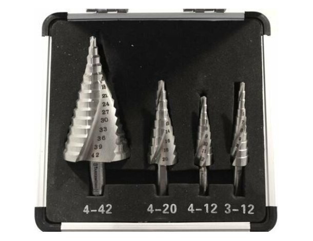 Set di 4 frese coniche allargafori a gradino in acciaio 3-12 4-12 4-20 4-42...