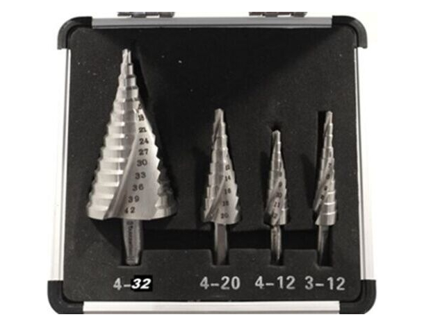 Set di 4 frese coniche allargafori a gradino in acciaio 3-12 4-12 4-20 4-32...