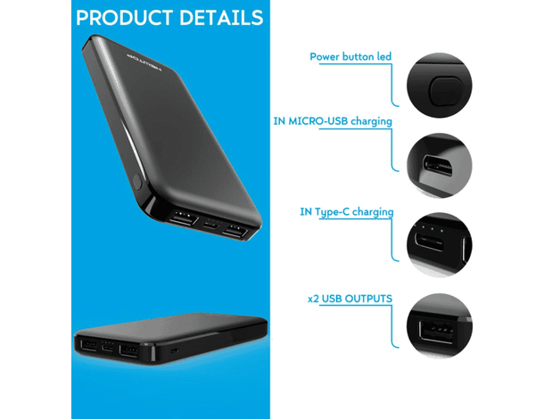 Power Bank doppia ricarica veloce USB portatile universale 10000mAh PB30 nero...