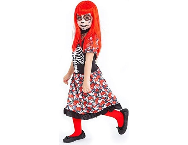 Costume Carnevale scheletro messicano vestito La Muerte bambina 5-13 anni (M...