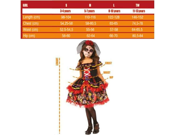 Costume Carnevale scheletro messicano vestito La Muerte bambina 5-13 anni (M...