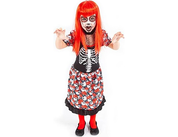 Costume Carnevale scheletro messicano vestito La Muerte bambina 5-13 anni (M...