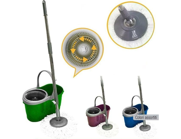 Secchio Mocio Mop Rotante Cestello Manico in Acciaio Lavapavimenti Microfibra