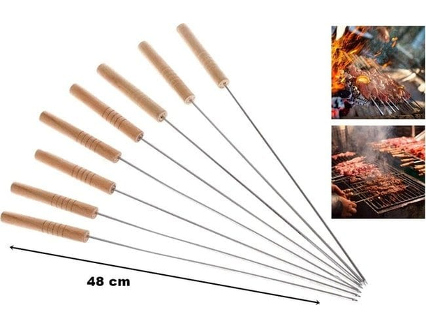 Set di 8 spiedini in acciaio con manico in legno atermico lunghezza 480 mm