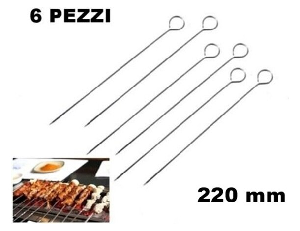 Set 6 spiedini in acciaio cromato con testa ad occhiello lunghezza 220 mm