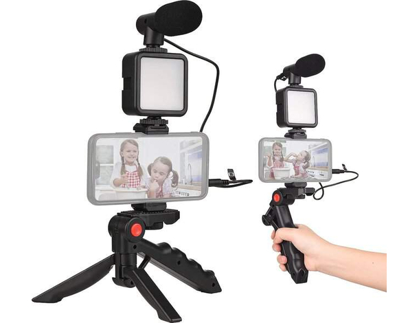 Kit Vlogger Professionale 4 in 1 Treppiede Cellulare con Microfono e Luce LED