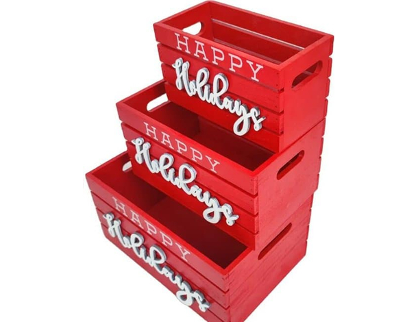 Set di 3 Cassette Cassettina Porta Oggetti in Legno Rosse 25-28-30 cm Natale