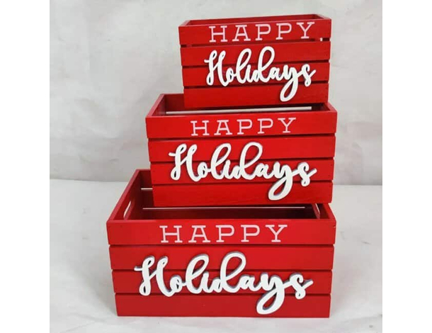 Set di 3 Cassette Cassettina Porta Oggetti in Legno Rosse 25-28-30 cm Natale...