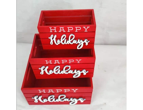 Set di 3 Cassette Cassettina Porta Oggetti in Legno Rosse 25-28-30 cm Natale...