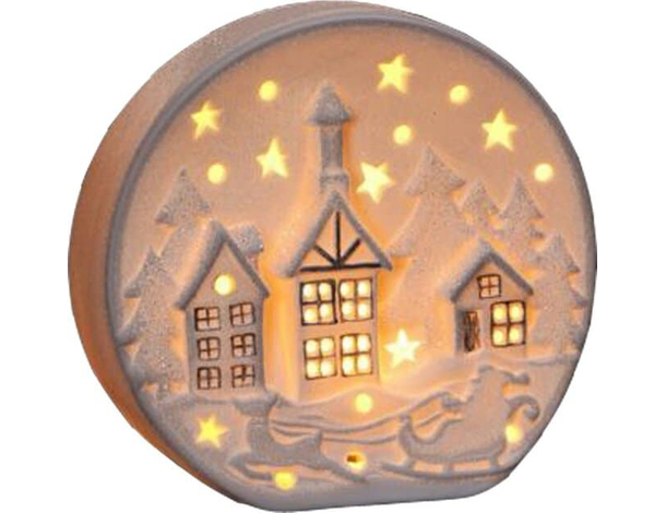 Decorazione Natalizia Paesaggio in Ceramica Bianca a Luce LED Addobbo 12x5x11cm