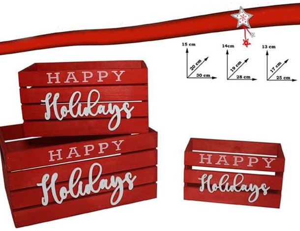 Set di 3 Cassette Cassettina Porta Oggetti in Legno Rosse 25-28-30 cm Natale...