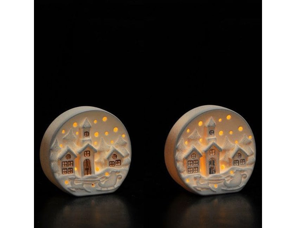 Decorazione Natalizia Paesaggio in Ceramica Bianca a Luce LED Addobbo...