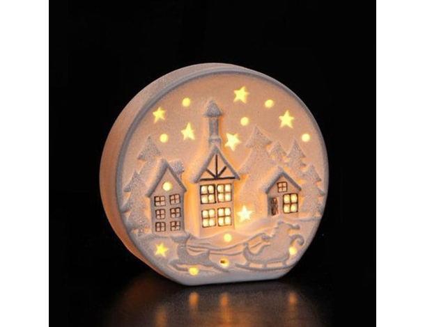 Decorazione Natalizia Paesaggio in Ceramica Bianca a Luce LED Addobbo...