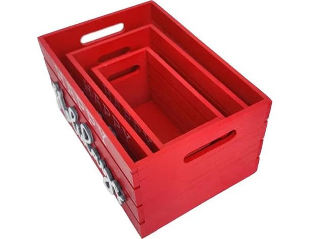 Set di 3 Cassette Cassettina Porta Oggetti in Legno Rosse 25-28-30 cm Natale...