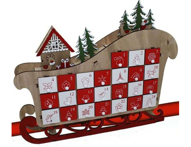 Calendario Avvento in Legno Slitta con 24 Cassetti 41x33cm Decorazioni Natale