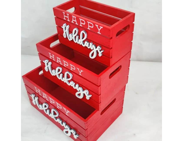 Set di 3 Cassette Cassettina Porta Oggetti in Legno Rosse 25-28-30 cm Natale...