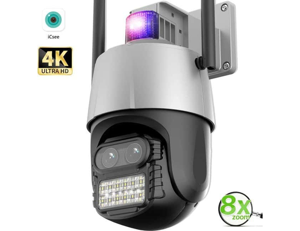 Telecamera 4MP 4K Esterno Wi-Fi PTZ 2 Obiettivo 8x Zoom Videosorveglianza CCTV