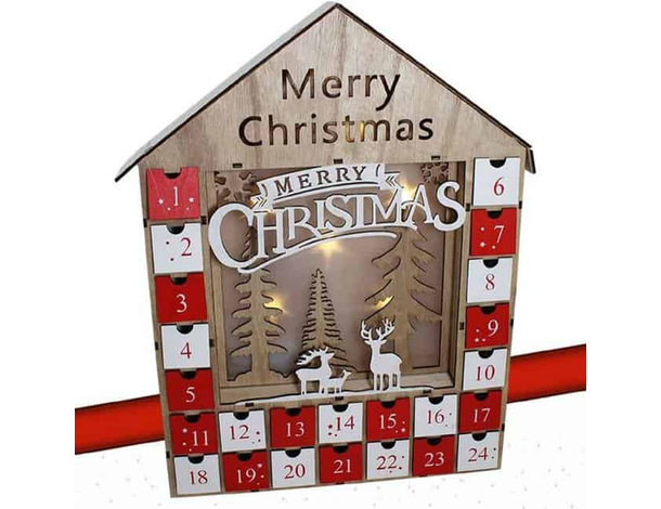 Calendario Avvento di Natale Casetta in Legno 24 Cassetti Decorazioni con LED