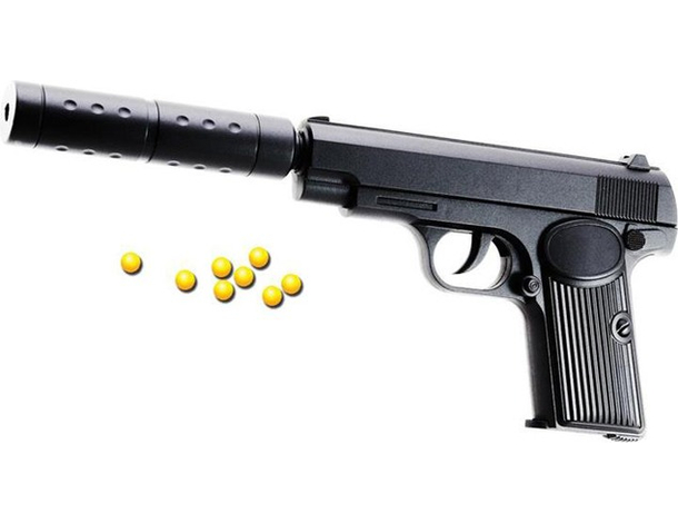 Pistola Giocattolo Bambini Spara Pallini 6mm Air Soft Silenziatore in Plastica