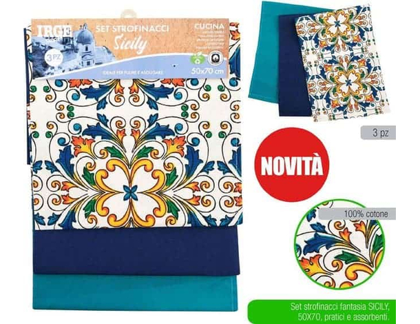 Set 3 Strofinacci Sicily Canavacci Cucina 100% Cotone Ristorante 50x70cm