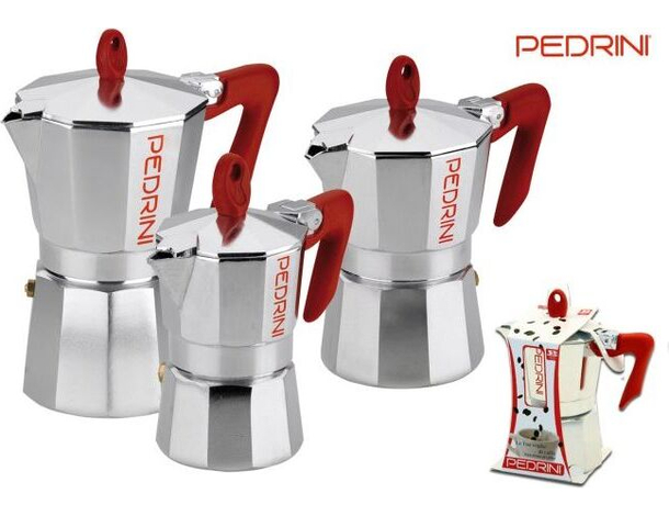 Caffettiera Moka Brillantata Mod. Kaffettiera con Manico Rosso fino a 6 Tazze...