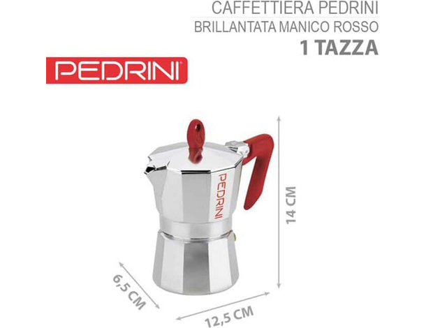 Caffettiera Moka Brillantata Mod. Kaffettiera con Manico Rosso fino a 6 Tazze...