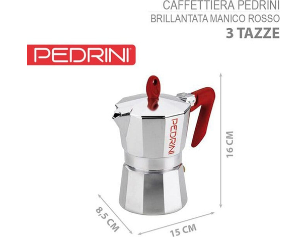 Caffettiera Moka Brillantata Mod. Kaffettiera con Manico Rosso fino a 6 Tazze...