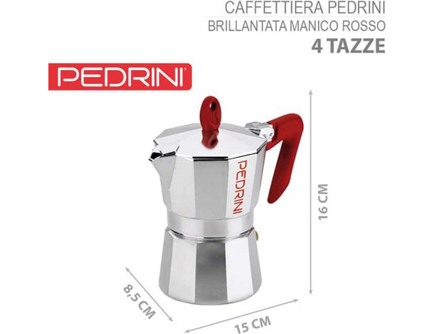 Caffettiera Moka Brillantata Mod. Kaffettiera con Manico Rosso fino a 6 Tazze...