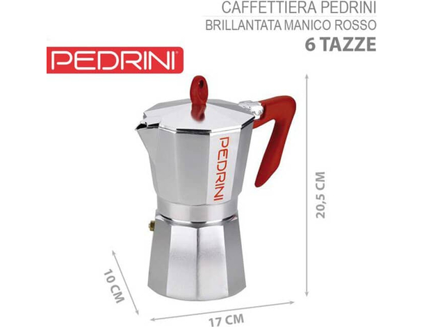 Caffettiera Moka Brillantata Mod. Kaffettiera con Manico Rosso fino a 6 Tazze...