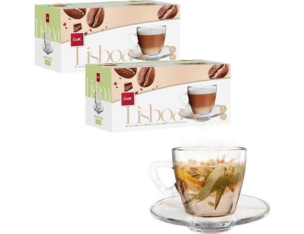 Set 12 Tazze da Caffè Vetro Trasparente con Piattino Cappuccino Colazione 20cl