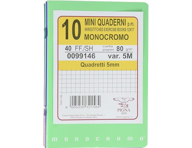 Set 10 Mini Quaderni Monocromo Formato A6, Rigatura 5M, Quadretti 5 mm Scuola...