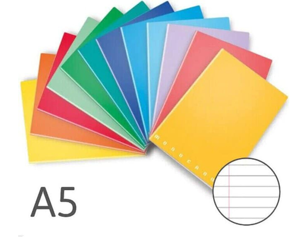 10x Quaderno a Righe Formato A5 Monocromo Rigatura 0C 42 Fogli Colori Assortiti