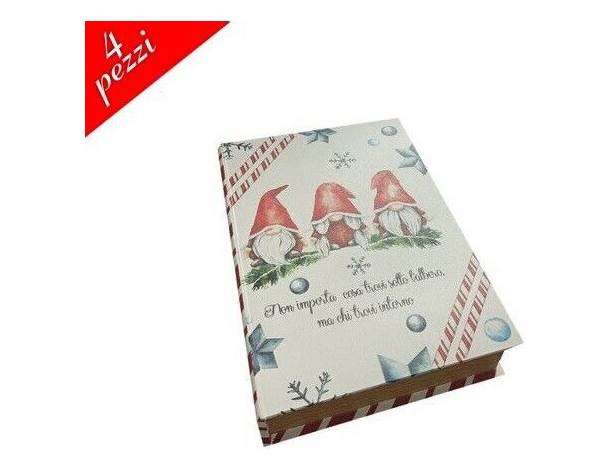 Set 4 Scatole Natalizie Libro con Gnomi Portaoggetti Cioccolatini Caramelle