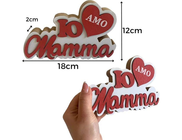 Scritta in Legno Festa della Mamma Scritta Io amo Mamma 12x18cm Rossa 2