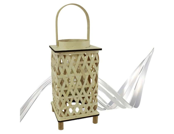 Lanterna Porta Candela in Legno Rattan Portatile Campeggio Lampada 36x18 cm