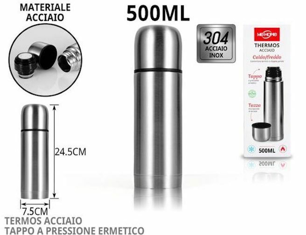 Thermos Termico Termos Portatile Tappo a Scatto in Acciaio Inox Varie Misure...