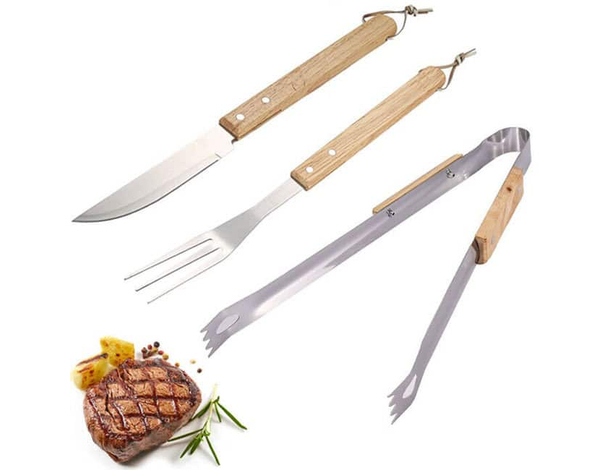 Set di Utensili 3 Pezzi Accessori da Barbecue Acciaio Legno Grigliate BBQ