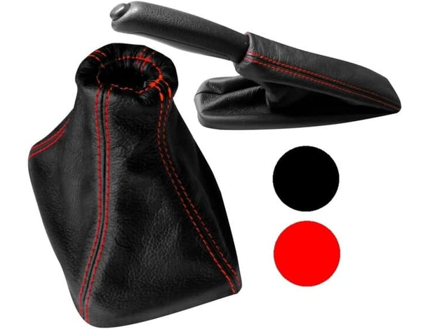 Cuffia in Pelle per Leva Cambio Auto Nera Cuciture Rosse Microfibra Estetica