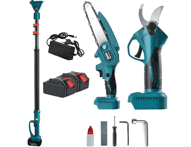 Kit potatura cesoia forbice + mini motosega 6" a batteria con asta telescopica