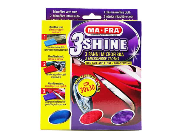 MAFRA 3SHINE 3 panni microfibra anti aloni interno esterno vetri auto moto 0309