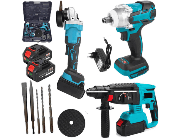 Kit 3 in 1 Trapano tassellatore + Avvitatore Impulsi + Smerigliatrice Batteria
