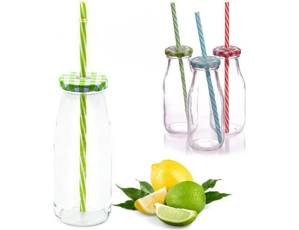 4x Bicchiere Barattolo Tappo con Foro e Cannuccia 450 ml per Bibite Cocktail