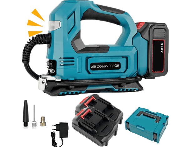 Compressore Aria Portatile 2 Batteria LCD Valigetta Ruote Auto Moto Bici