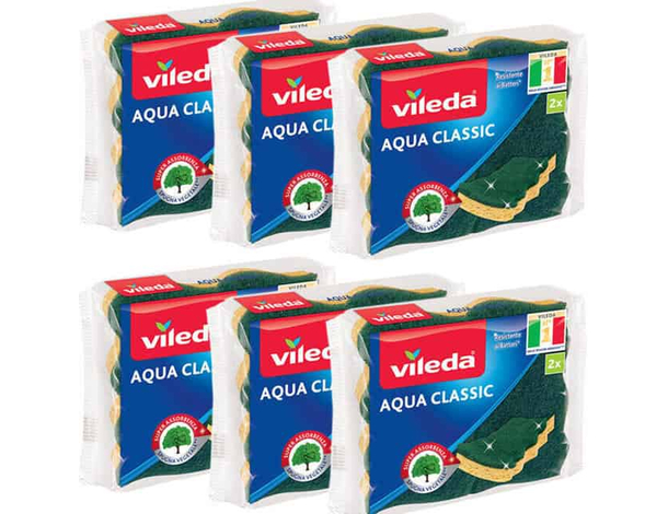 12 Spugna Vileda Aqua Classic Biodegradibille Fibra Abrasiva Pulizia Cucina