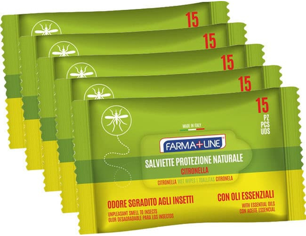 Set 5 Confezioni 15 Salviette Salviettine Alla Citronella Anti Zanzare Farmaline