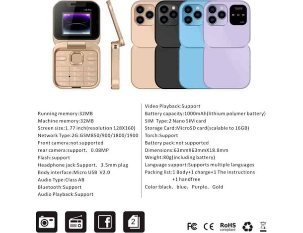 Mini telefono cellulare flip i16PRO Tastiera GSM 1.77" DUAL SIM Pieghevole 2G...
