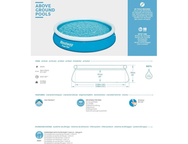Bestway Piscina Gonfiabile Rotonda giardino fuori terra Fast Set 366x76cm...
