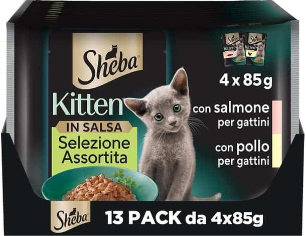 Sheba in Salsa Cibo per Gatti con pollo e salmone per cuccioli Kitten 52x85 g